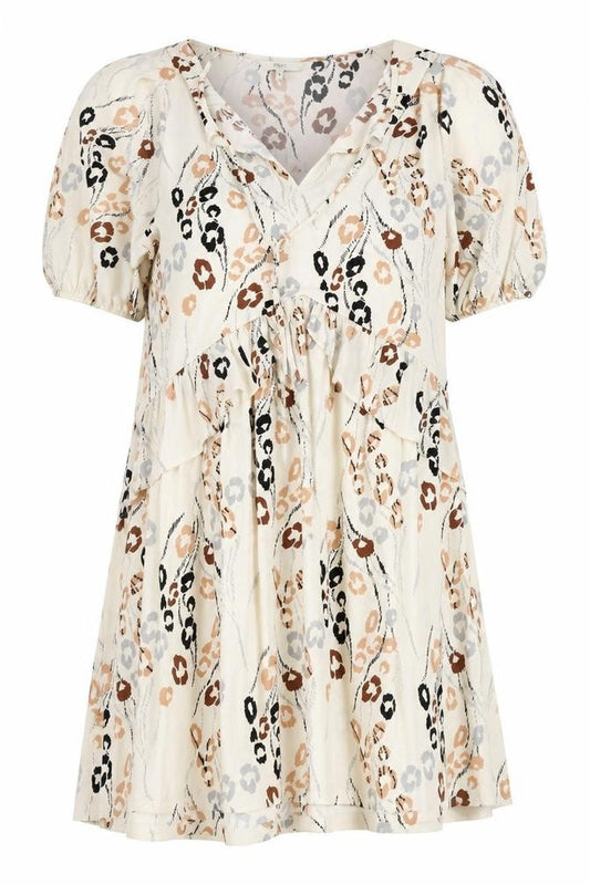 Front view of Next women’s beige animal print polyester a-line, size UK 10, v-neck tie - tie neck detail