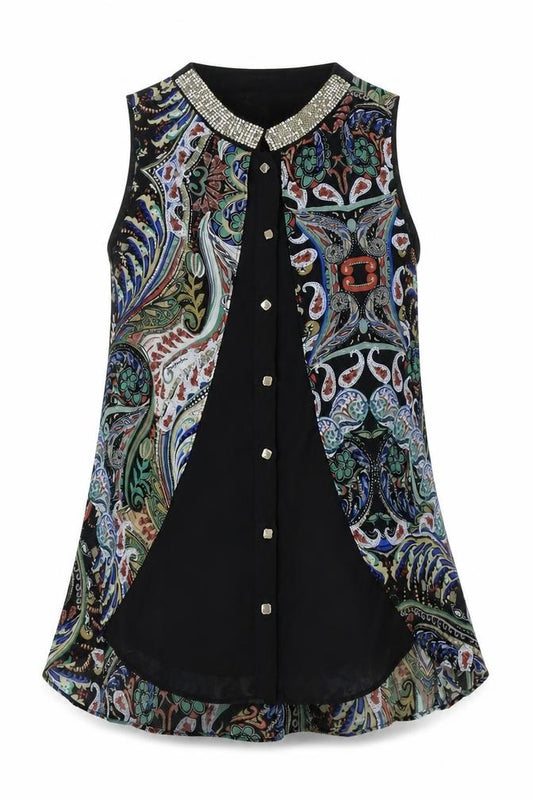 Front view of Deliah women’s multicoloured geometric polyester tunic tank, size M, scoop neck