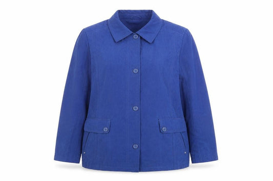 Front view of EWM women’s blue jacket, size UK 16, button