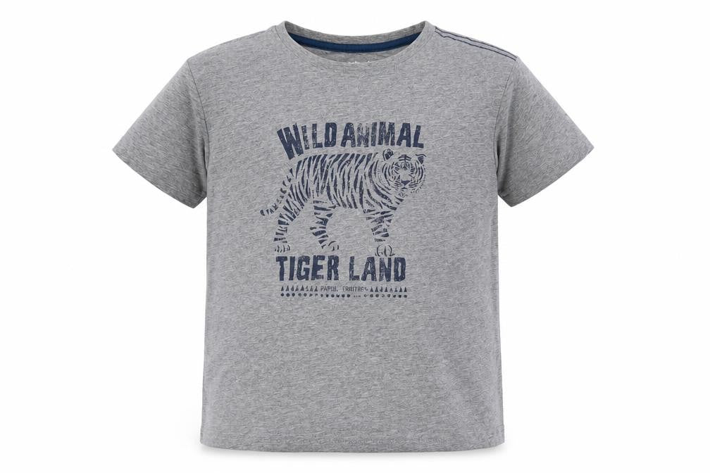 Front view of Vertbaudet boys’ grey cotton basic t-shirt, size 10, years round neck pullover - tiger