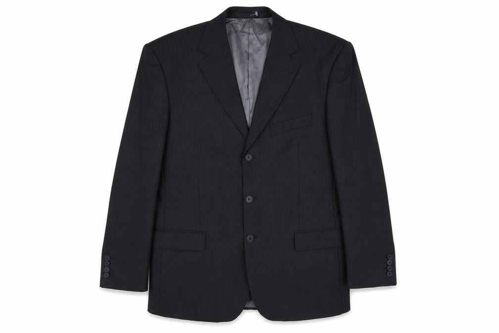 Front view of Marks & Spencer men’s black striped wool jacket suit jacket, size 42, regular