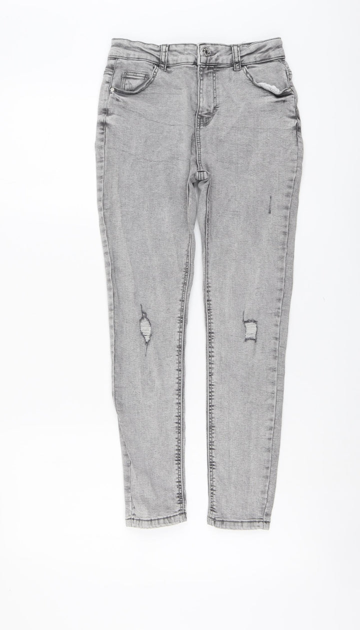 Denim & Co. Girls Grey Cotton Skinny Jeans Size 11-12 Years Regular Button - Distressed Denim