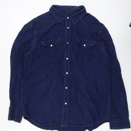 Lands' End Mens Blue Cotton Button-Up Size L Collared Button