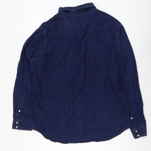 Lands' End Mens Blue Cotton Button-Up Size L Collared Button