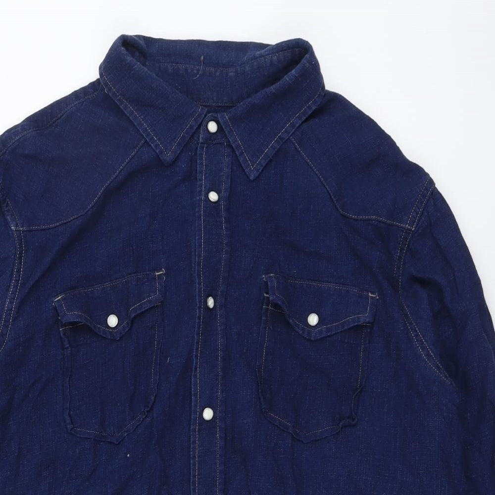 Lands' End Mens Blue Cotton Button-Up Size L Collared Button