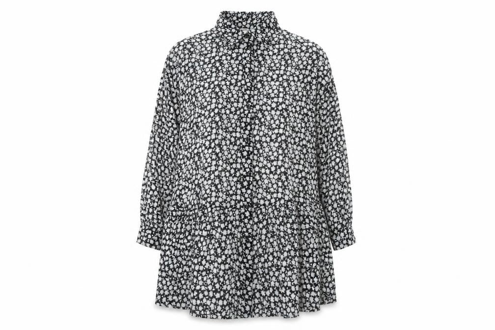 Front view of H&M women’s black floral polyester shirt dress, size UK 8, collared button - tiered