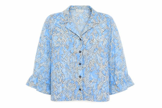 Front view of Preworn women’s blue geometric polyester basic button-up, size UK 10, collared