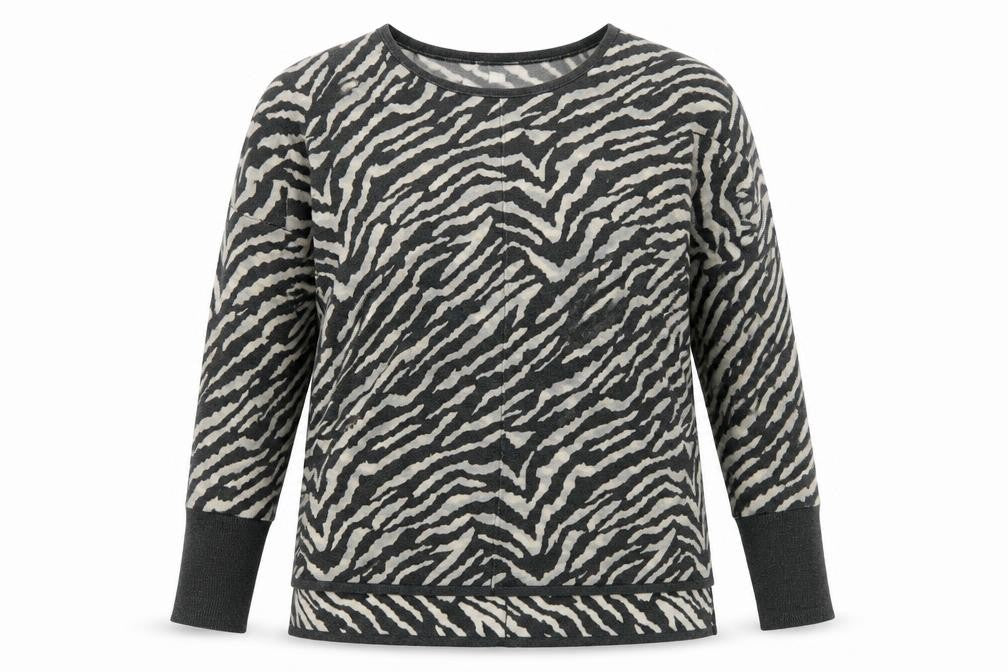 Front view of H&M women’s grey round neck animal print acrylic jumper, size S, - zebra print