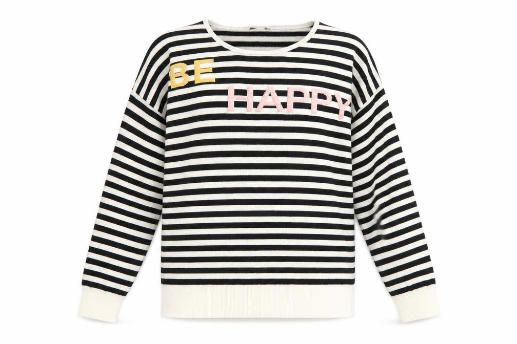 M&Co Womens Black Round Neck Striped Acrylic Pullover Jumper Size 12 - Happy