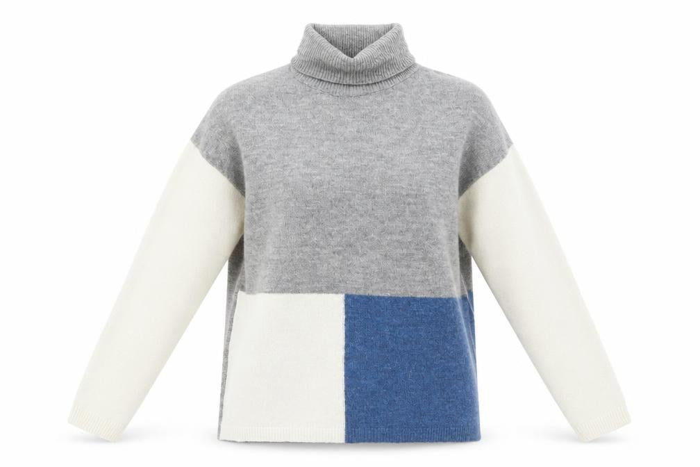 Front view of Peacocks women’s grey roll neck acrylic jumper, size M, - colourblock