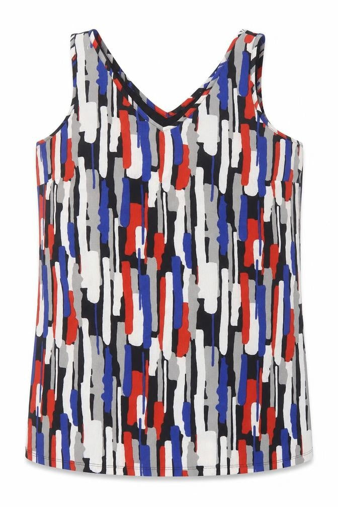Front view of Matalan women’s multicoloured geometric polyester tunic tank, size UK 14, v-neck