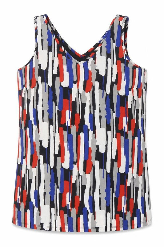 Front view of Matalan women’s multicoloured geometric polyester tunic tank, size UK 14, v-neck