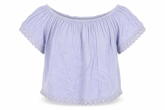Front view of Select women’s blue viscose basic blouse, size UK 8, off the shoulder - crochet trim bardot