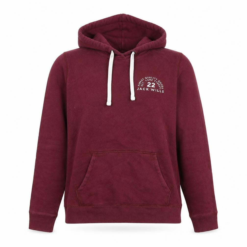 Front view of Jack Wills women’s red cotton pullover hoodie, size UK 6, pullover