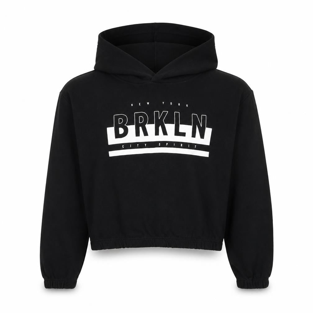 Front view of H&M boys’ black cotton pullover hoodie, size 9-10, years pullover - brooklyn