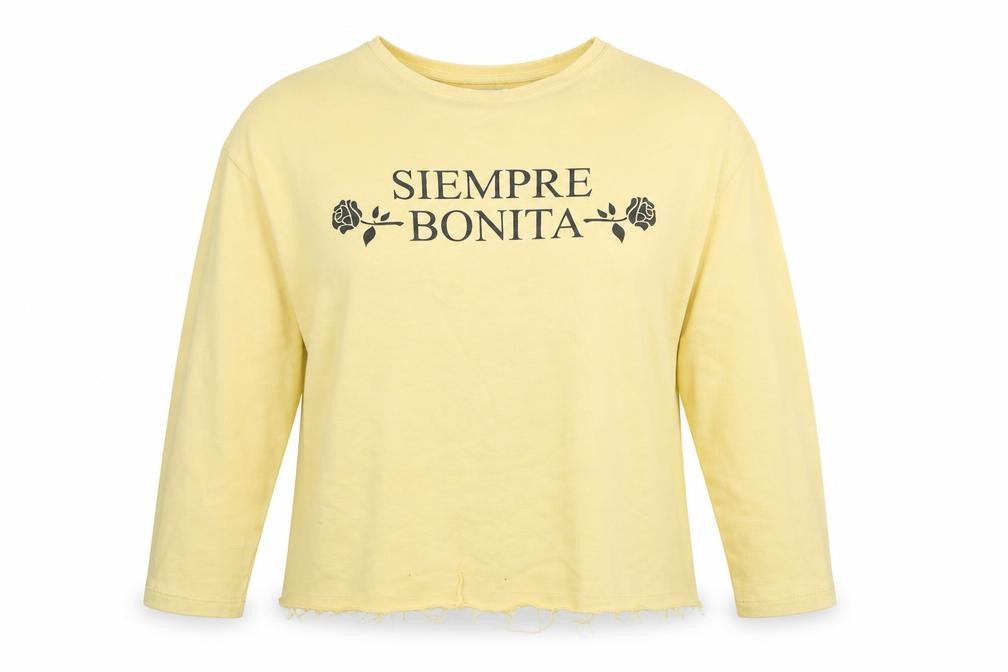 Front view of Pull&Bear women’s yellow cotton pullover sweatshirt, size S, pullover - siempre bonita