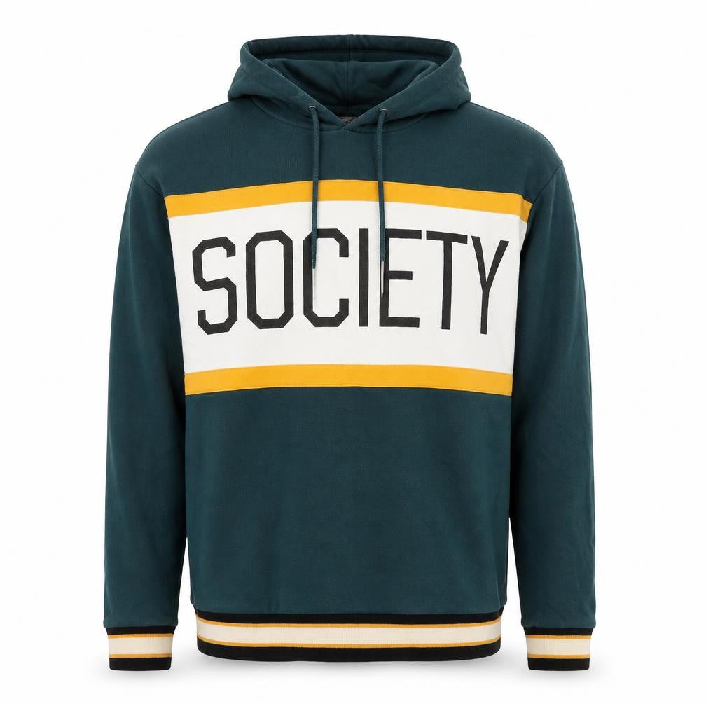 Front view of ASOS men’s green cotton pullover hoodie, size XS, - society