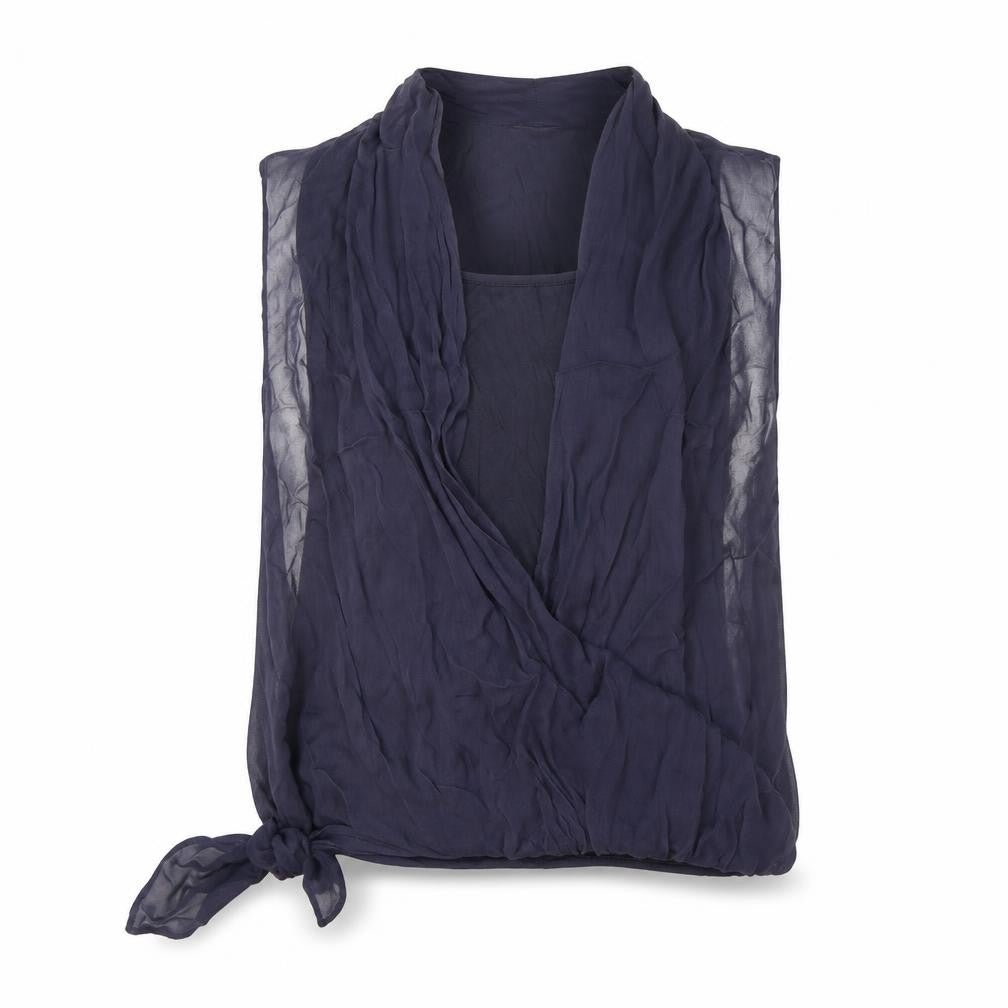 Front view of Label Lab women’s blue viscose basic blouse, size S, scoop neck - side tie detail