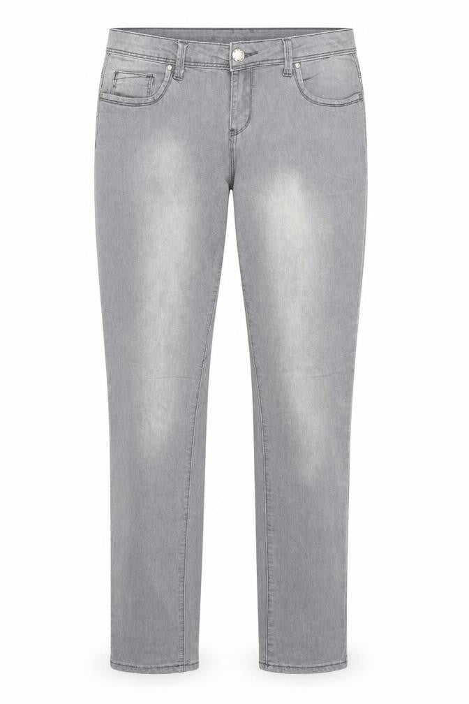 Front view of Denim & Co. women’s grey cotton straight jeans, size UK 12, regular zip