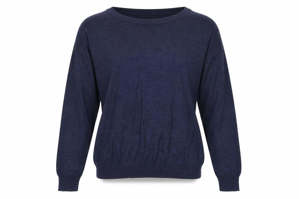 Front view of Atmosphere women’s blue boat neck viscose jumper, size UK 8