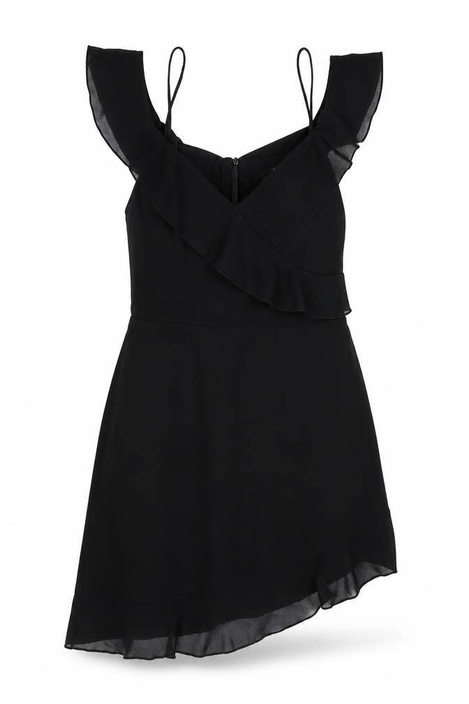 Front view of Missguided women’s black polyester mini, size UK 8, v-neck zip - cold shoulder