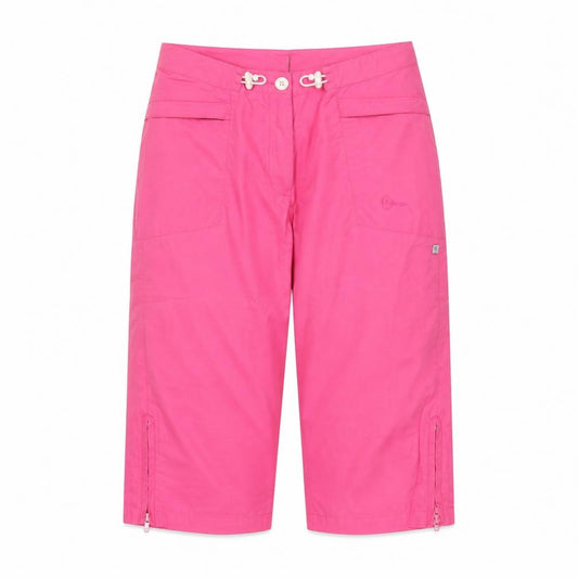 Front view of team adventure women’s pink cotton bermuda shorts, size S, 18-inch leg regular drawstring