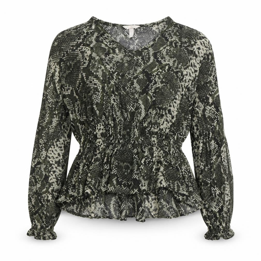 Front view of H&M women’s green animal print viscose basic blouse, size UK 16, v-neck - snake print