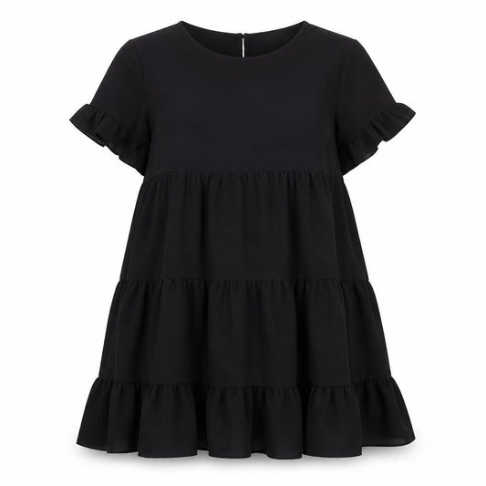 Front view of Cameo Rose women’s black polyester a-line, size S, scoop neck button - tiered