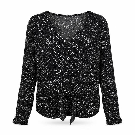 Front view of Silence + Noise women’s black animal print viscose basic button-up, size S, v-neck - tie front