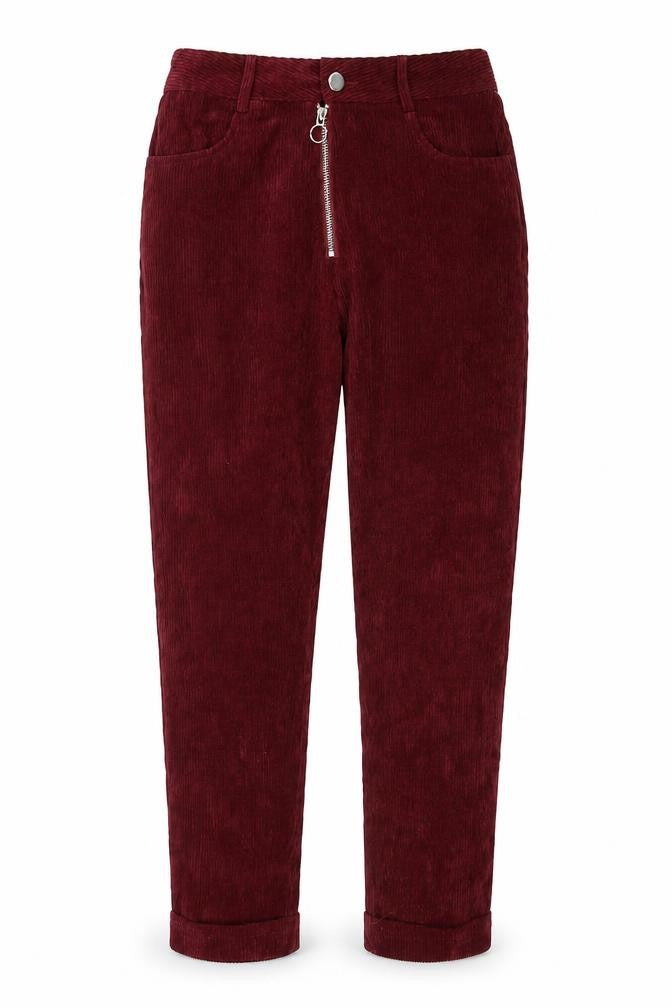 Front view of Preworn women’s red cotton trousers, size UK 10, regular zip