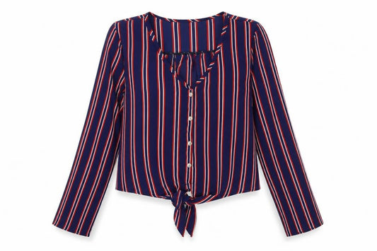 Front view of Apricot women’s multicoloured striped viscose basic button-up, size UK 12, v-neck - knot front