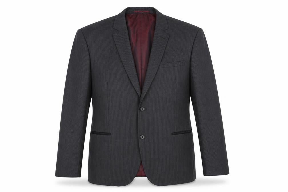 Front view of Next men’s grey striped cotton jacket suit jacket, size 44, regular