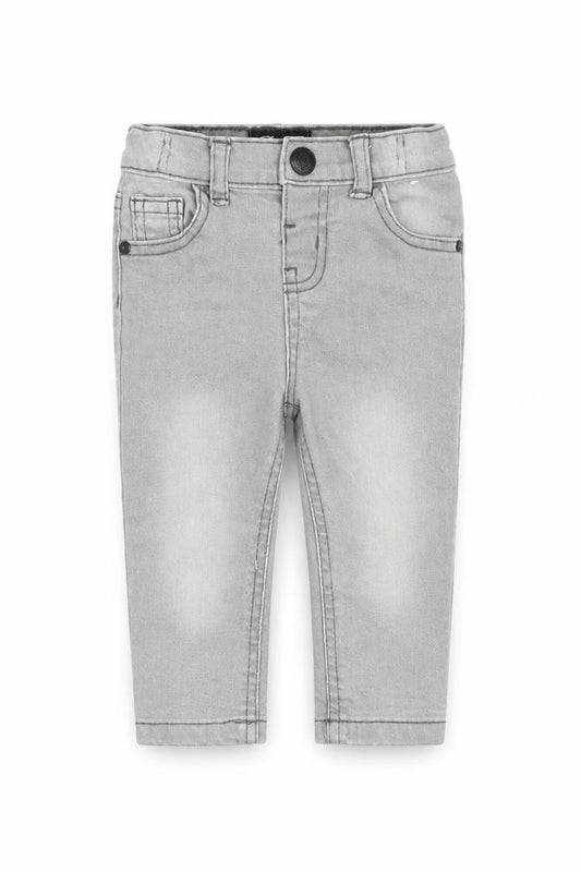 Front view of Denim & Co. Baby Grey Cotton Jogger Jeans, size 6-9, Months L50 cm Snap