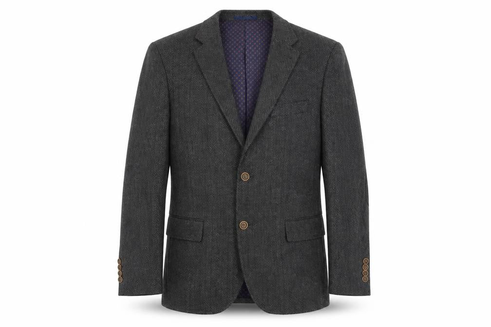 Front view of Boston Crew men’s grey herringbone nylon jacket blazer, size 40, regular