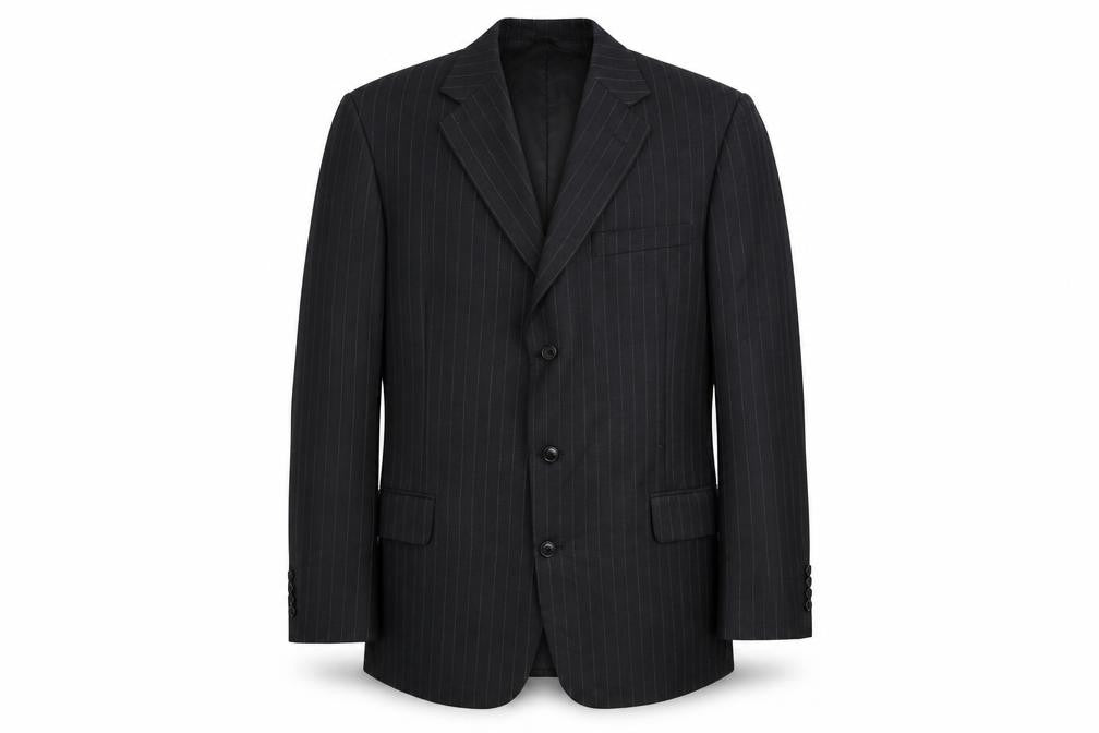Front view of Royal Classics men’s black striped viscose jacket suit jacket, size 42, regular