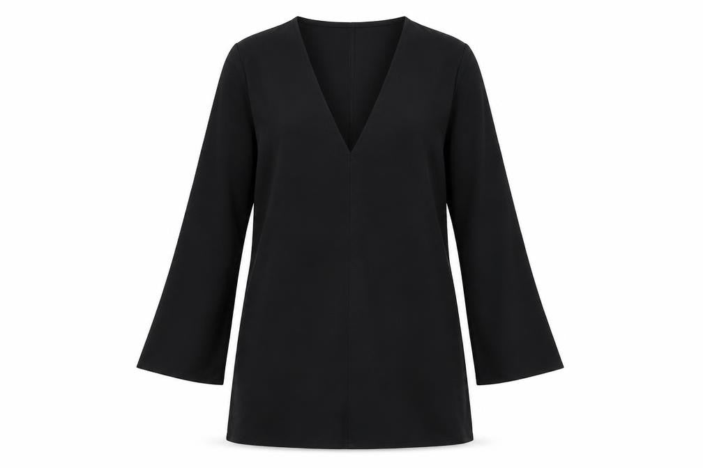 Front view of Zara women’s black viscose a-line, size M, v-neck pullover