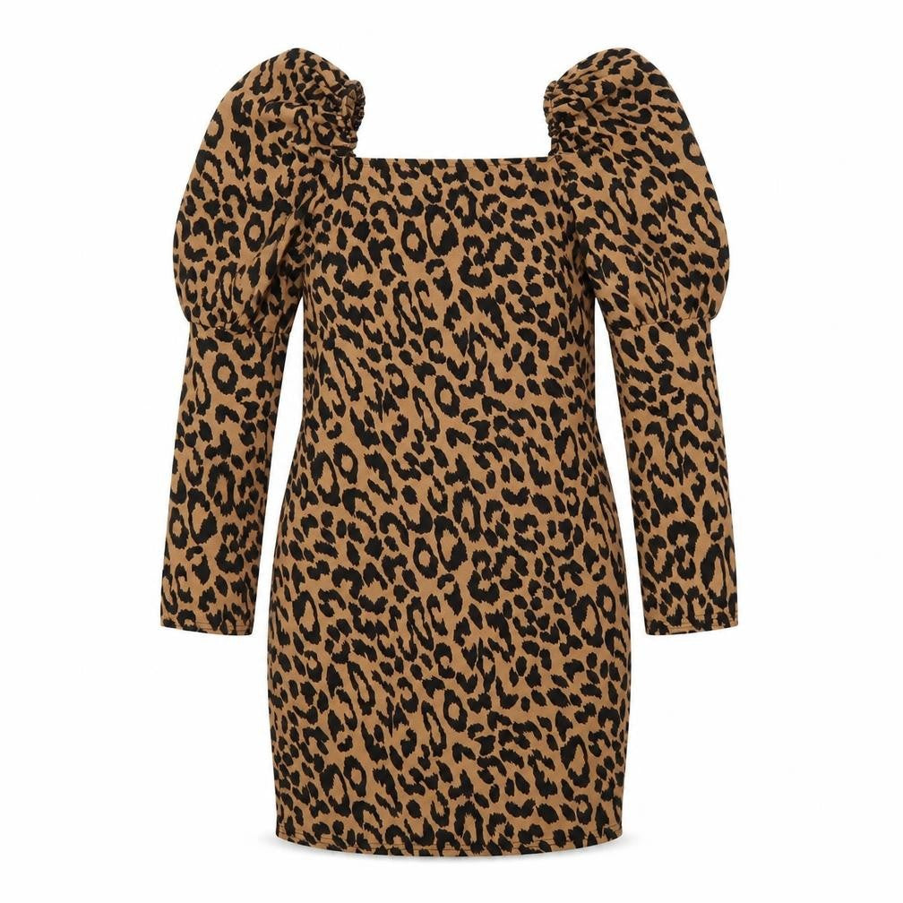 Front view of Boohoo women’s brown animal print polyester sheath, size UK 8, square neck pullover - leopard print