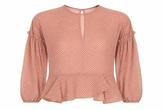 Front view of ASOS women’s pink polka dot polyester basic blouse, size UK 14, round neck