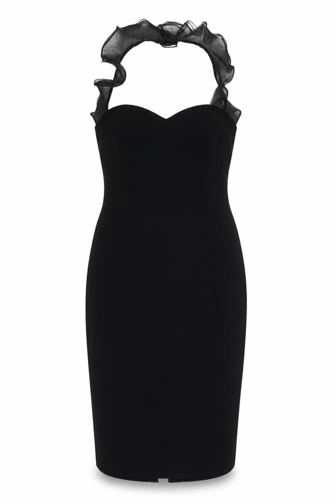 Front view of Simon Ellis women’s black polyester bodycon, size UK 12, halter zip
