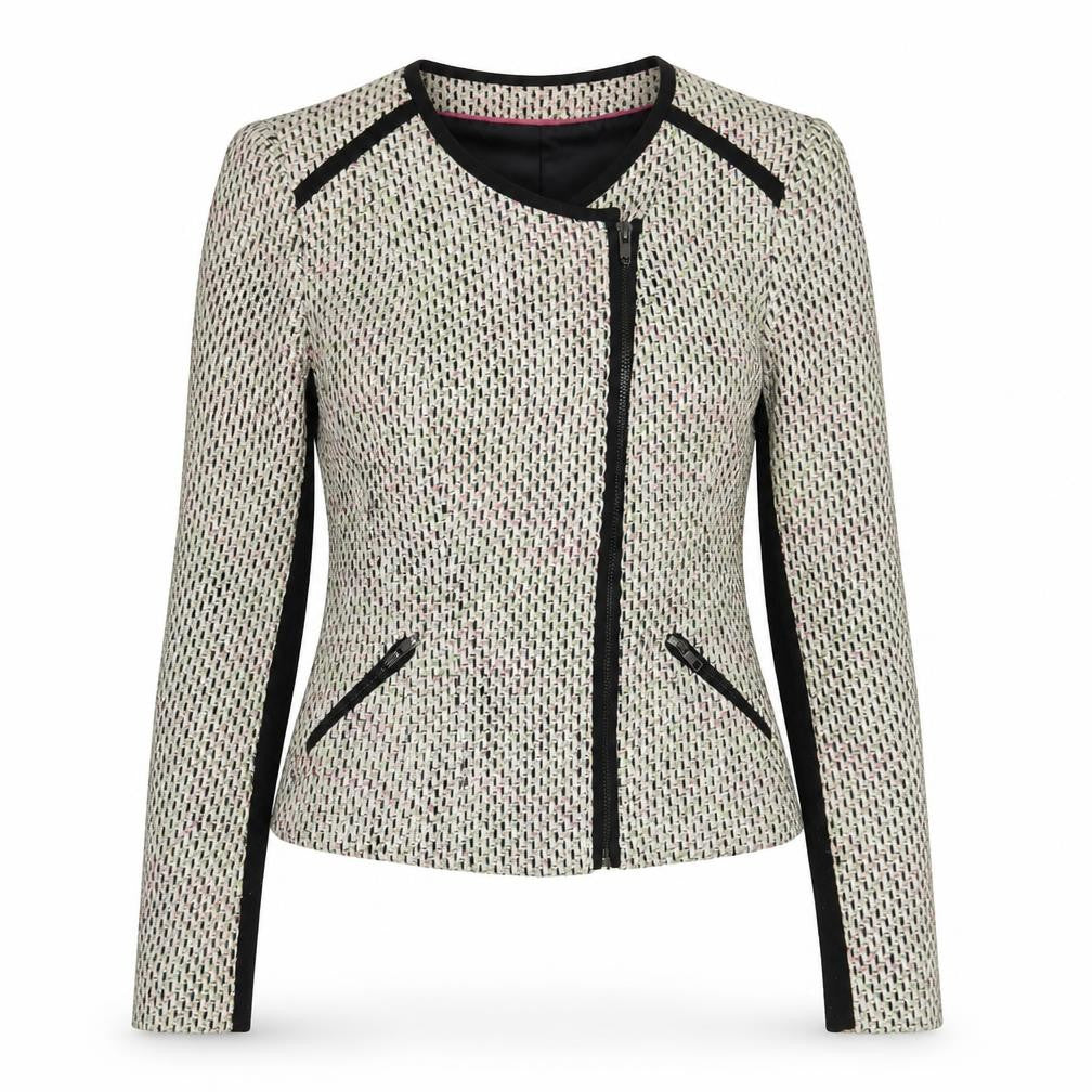 Front view of Atmosphere women’s beige geometric biker jacket, size UK 8, zip