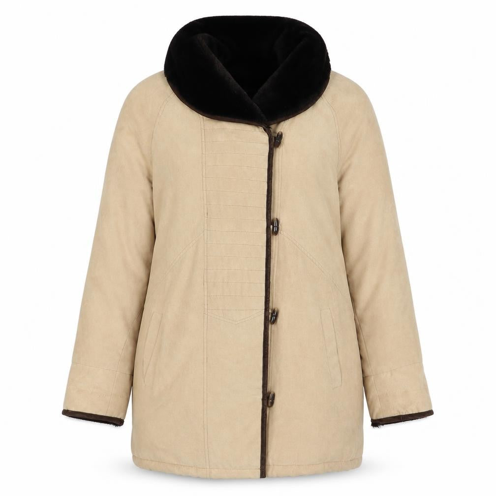Front view of Apropos women’s beige overcoat coat, size S, button