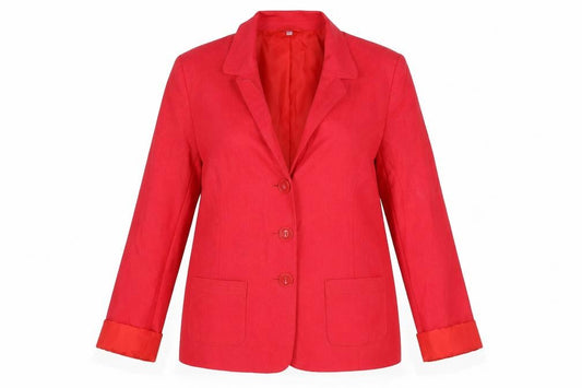 Front view of Preworn women’s red linen jacket blazer, size UK 14
