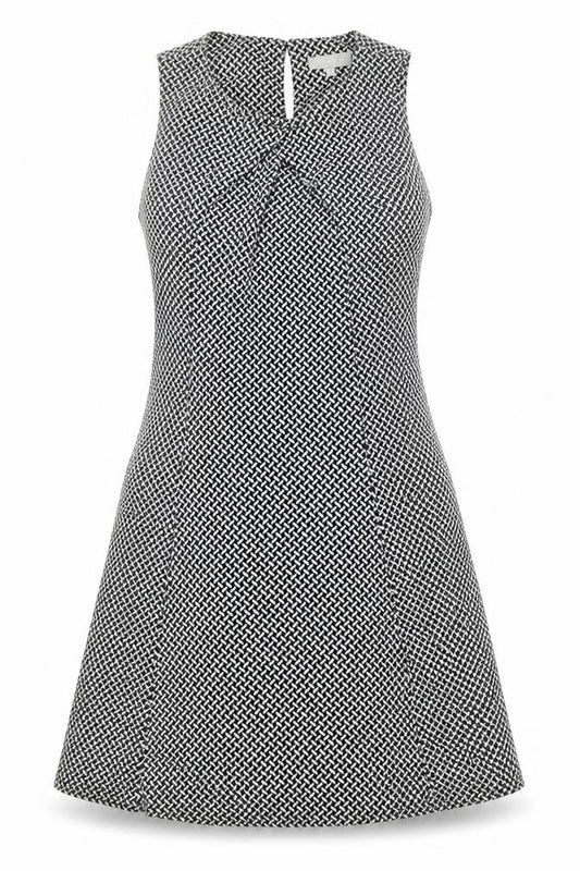 Front view of Red Herring women’s black geometric polyester a-line, size UK 14, scoop neck button