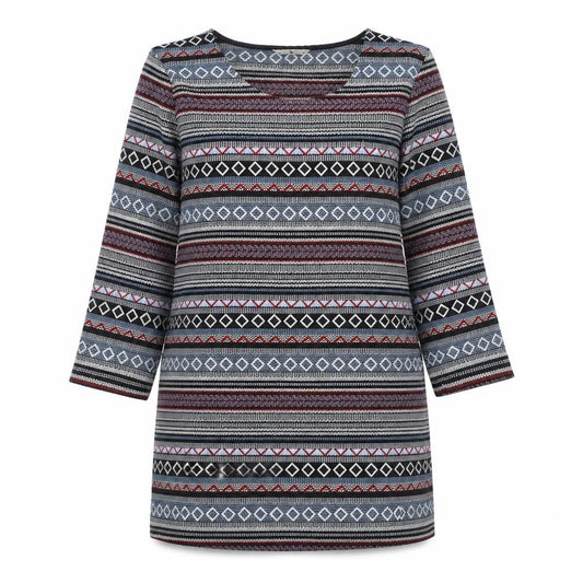 Front view of Tu women’s multicoloured geometric polyester shift, size UK 12, scoop neck pullover