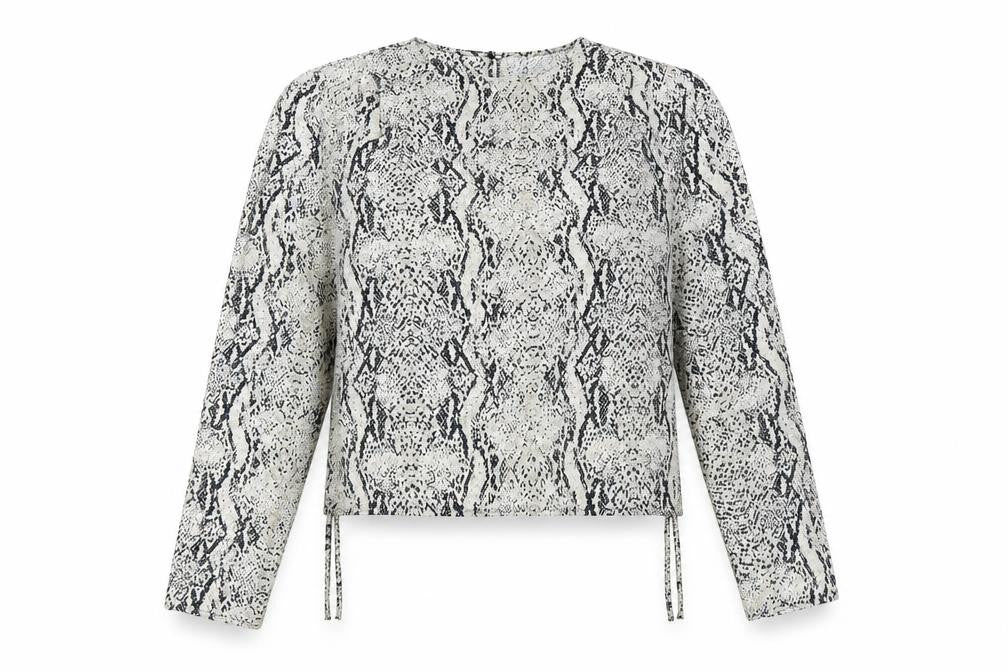 Front view of Primark women’s beige animal print polyester basic blouse, size UK 12, round neck - snake print