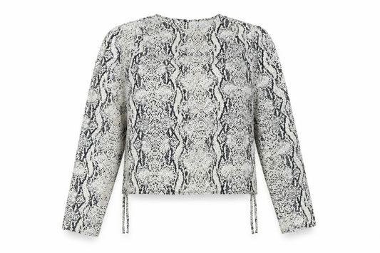 Front view of Primark women’s beige animal print polyester basic blouse, size UK 12, round neck - snake print