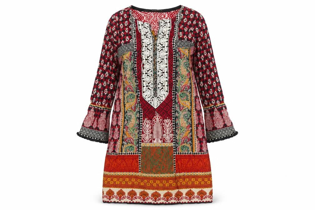 Front view of Limelight women’s multicoloured geometric viscose a-line, size M, v-neck hook & eye