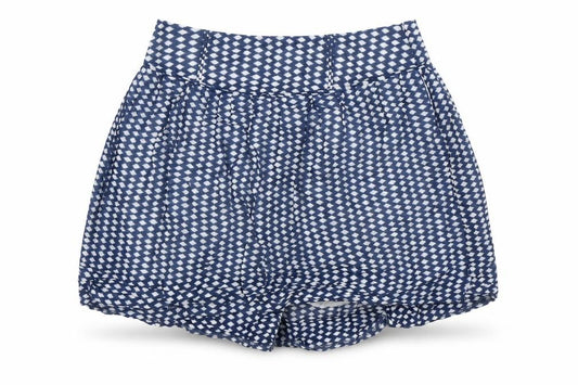 Front view of Oasis women’s blue geometric cotton skater skirt, size UK 12, zip