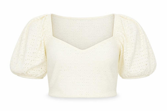 Front view of H&M women’s ivory polyester cropped t-shirt, size L, v-neck