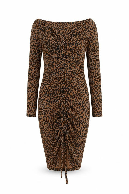 Front view of PRETTYLITTLETHING women’s brown animal print polyester bodycon, size UK 8, v-neck pullover - leopard print